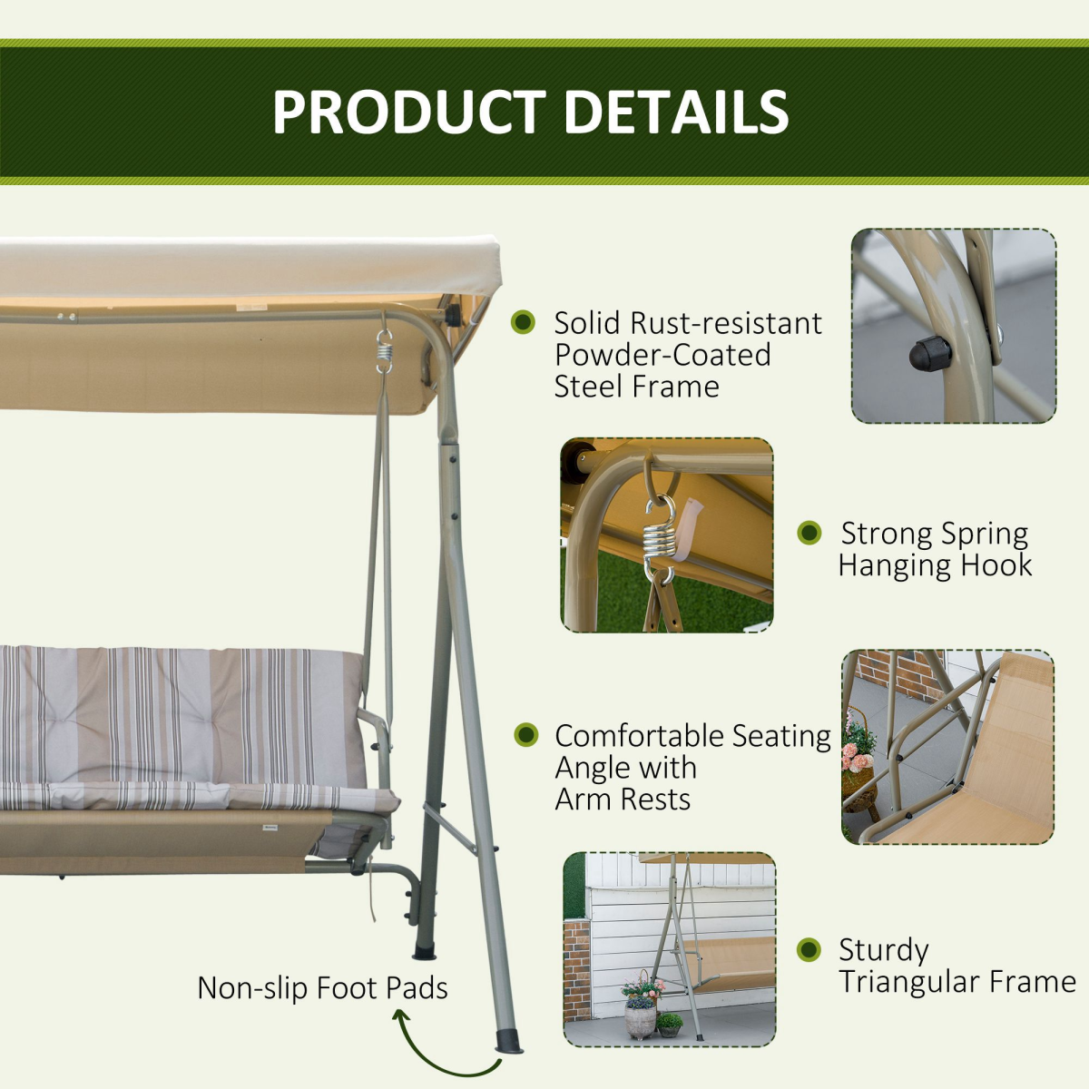 Premium 3-Person Porch Swing with Canopy - Outdoor Lounge Chair Light Brown