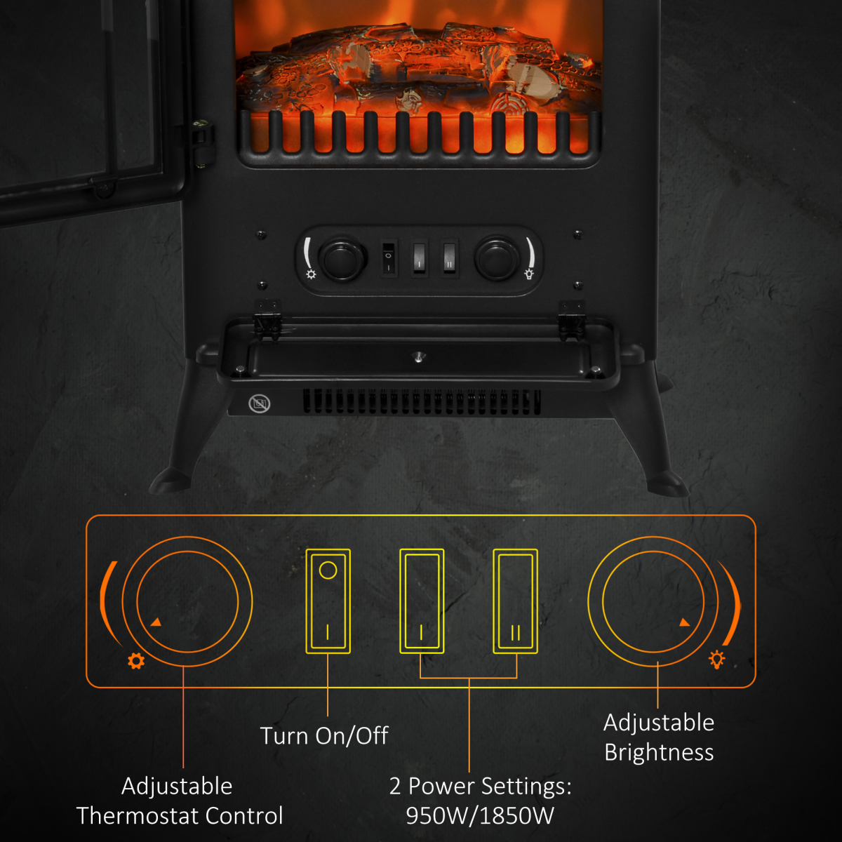 Realistic Electric Fireplace 1850W - Portable Black Heater with Wood Effect