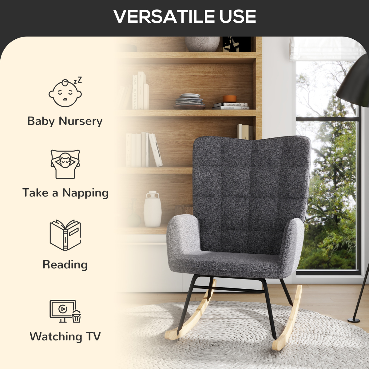 Retro Wingback Rocking Nursing Chair with Steel Frame & Wooden Base — Grey