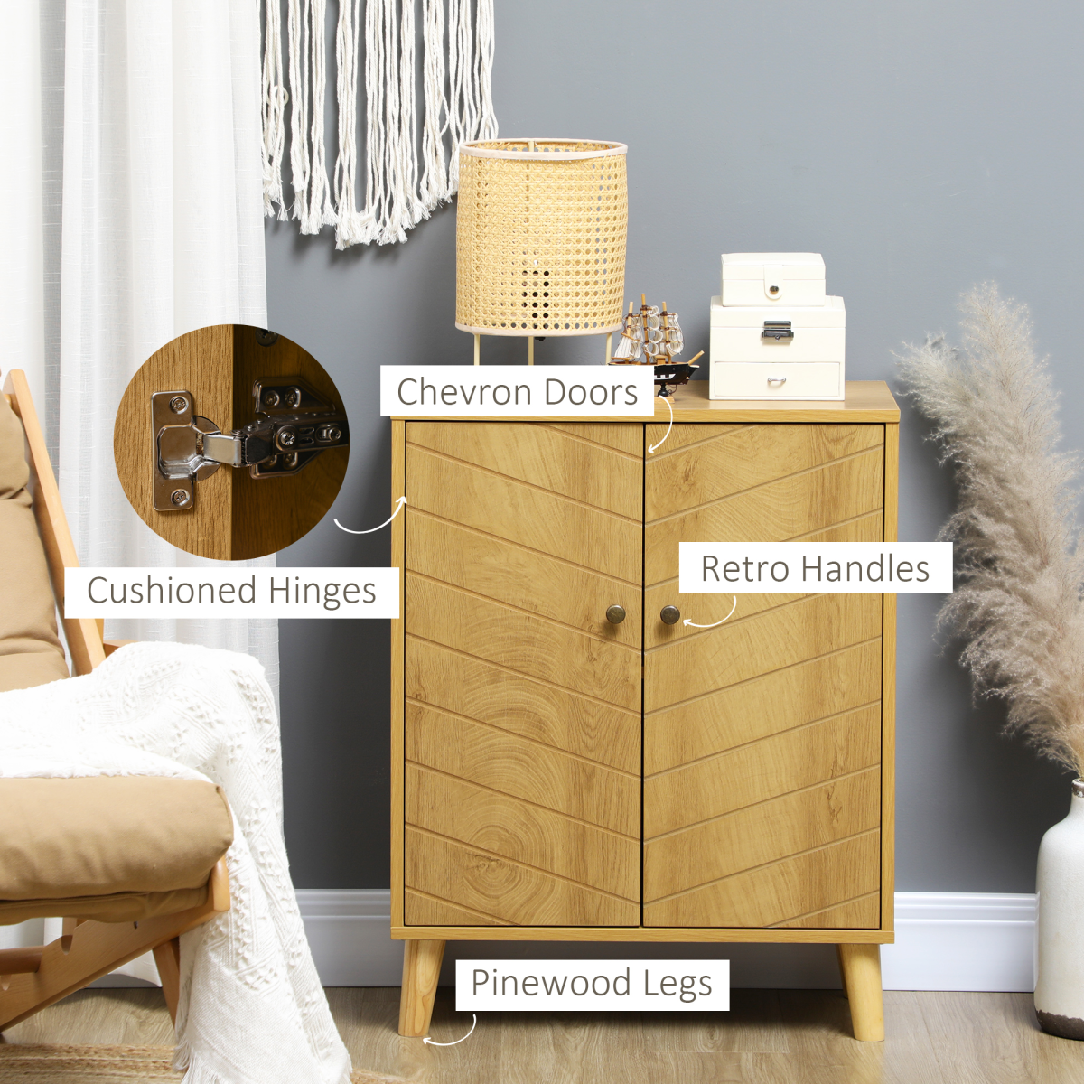 Chevron Door Wooden Storage Cabinet - Stylish Living Room Sideboard