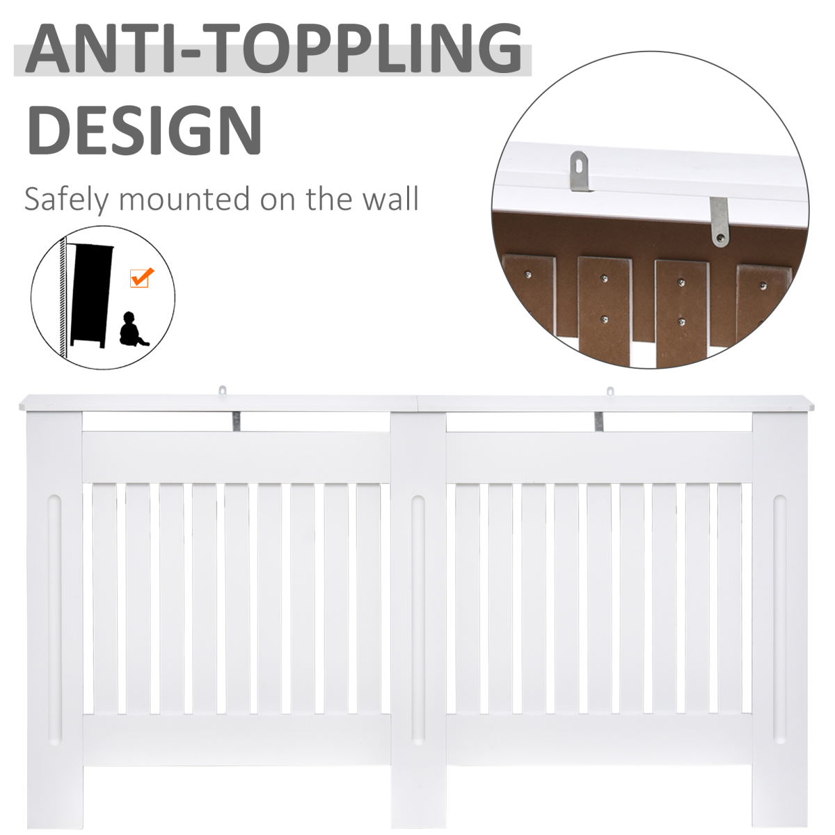 White Slatted Radiator Cover with Top Shelf, Anti-Tip MDF Cabinet 152x19x81cm