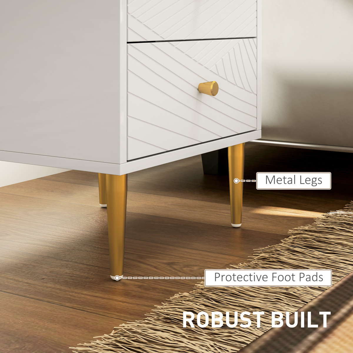 Chic White Nightstand with Gold Handles & Ample Drawer Storage