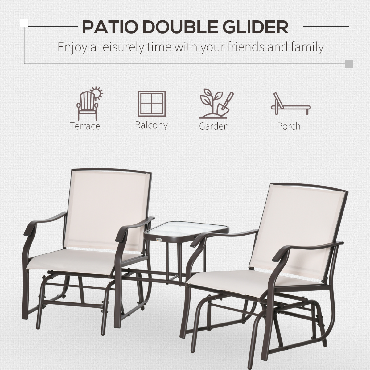 Double Glider Loveseat with Glass Table - Beige Garden Set