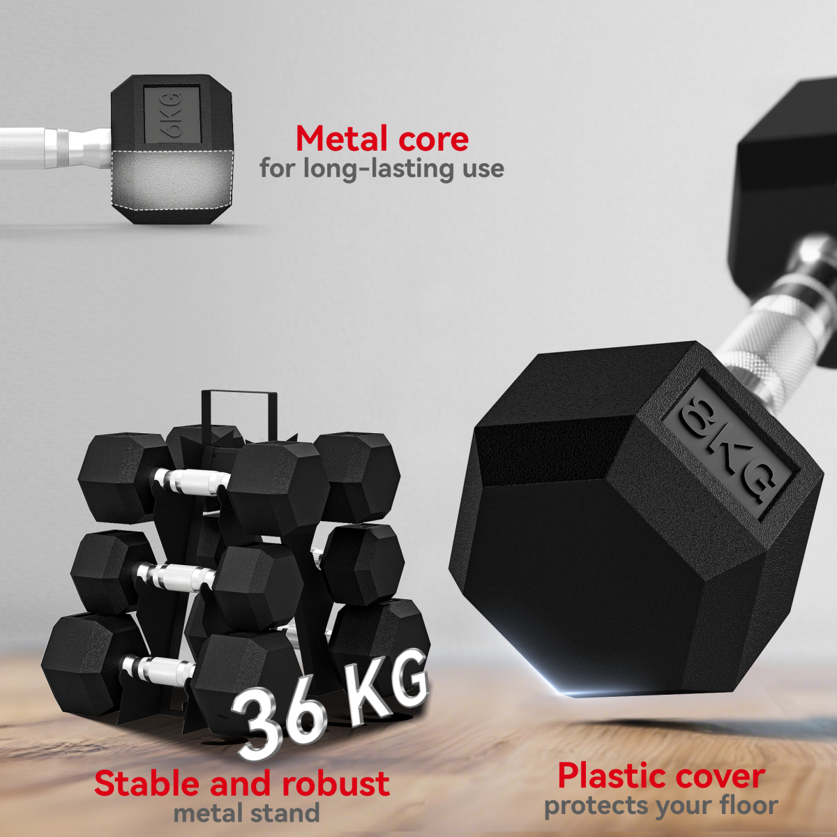 SPORTNOW 36KG Hex Dumbbell Set with Ergonomic Rack & Rubber Coated Weights