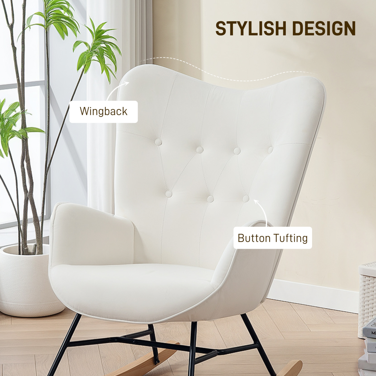 Chic Velvet Rocking Chair with Solid Wood Legs - Cream Elegance
