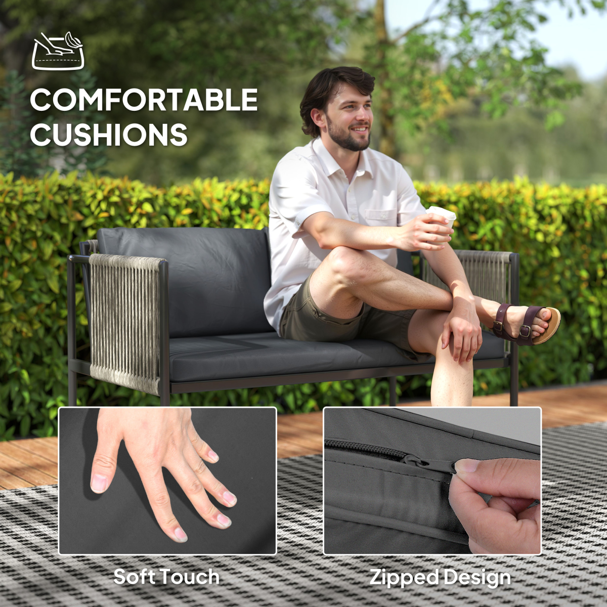 4-Piece Grey Wicker Outdoor Furniture Set with Glass Top Table
