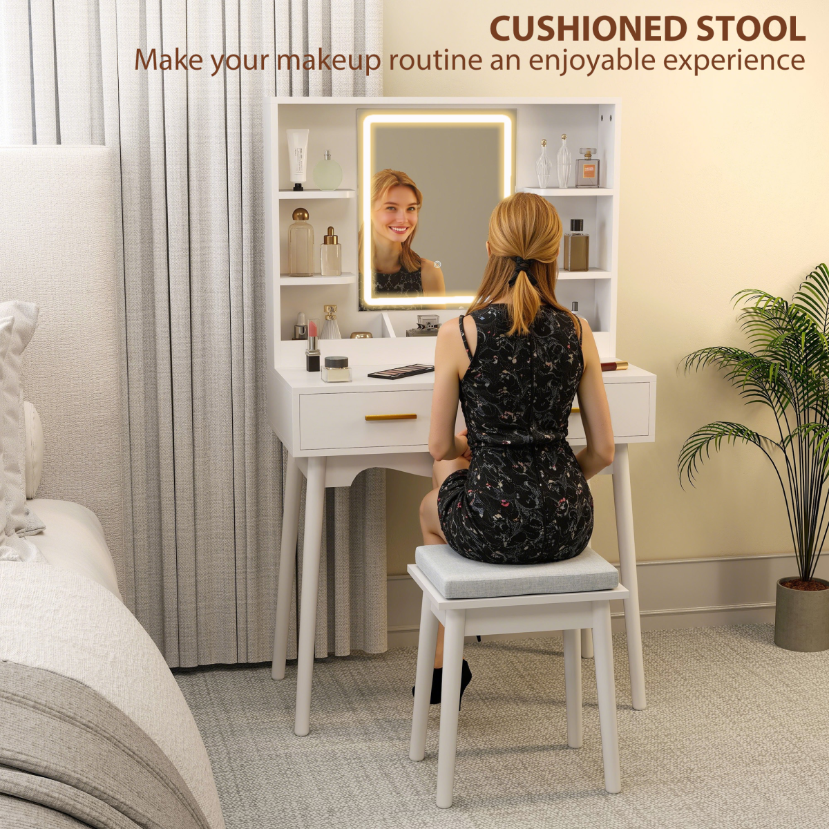 Elegant LED Lighted Dressing Table & Plush Stool - Stylish Vanity Set