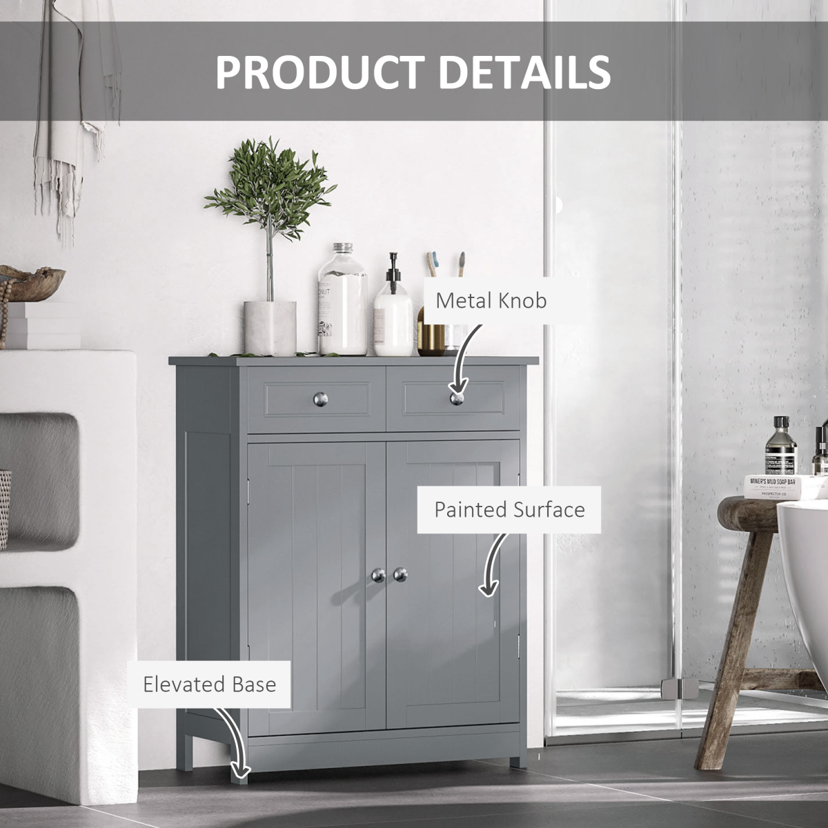 Stylish Grey Bathroom Storage Cabinet with Drawers & Cupboard - 75cm Tall