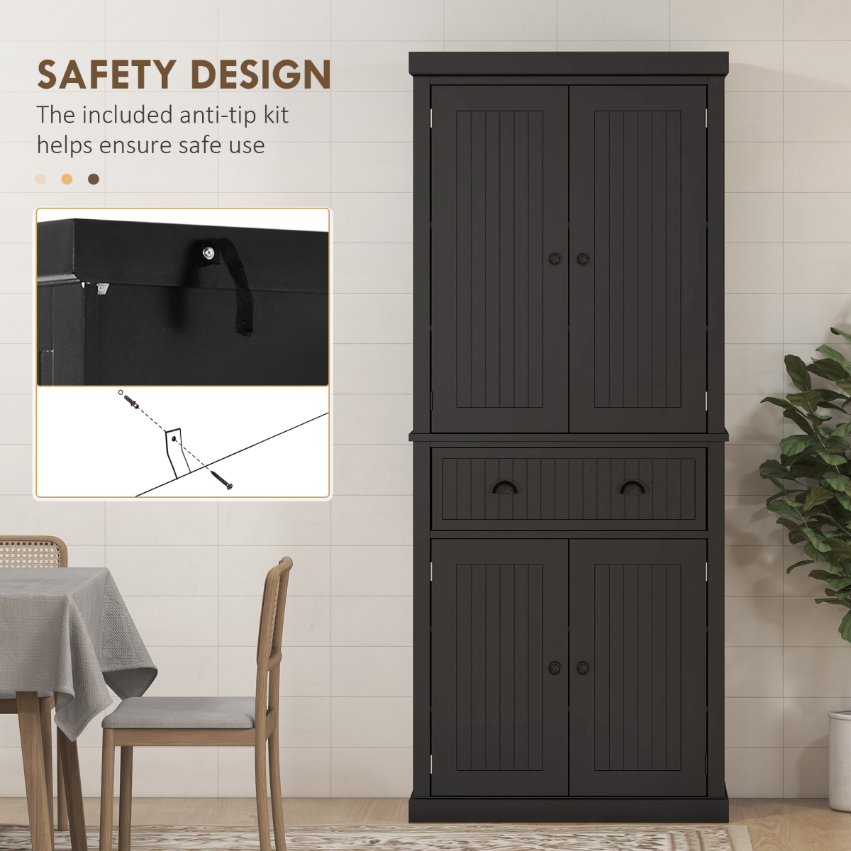 Stylish Black Freestanding Kitchen Storage Cabinet with Drawers & Shelves