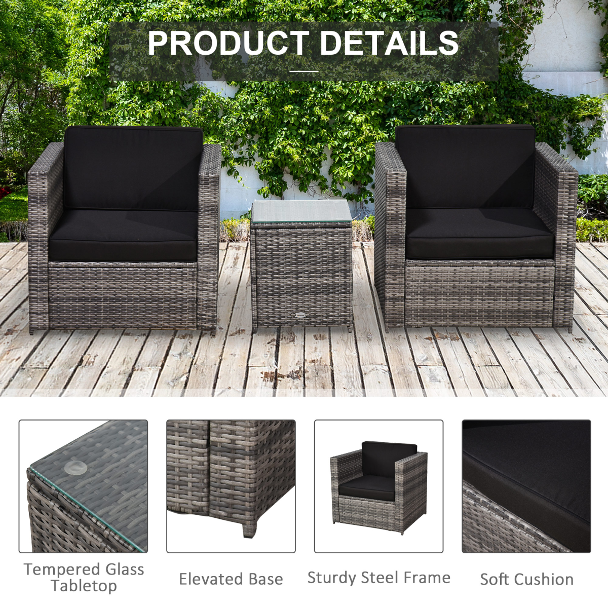 2-Person Rattan Sofa Set with Cushions & Table, Grey, Steel Frame