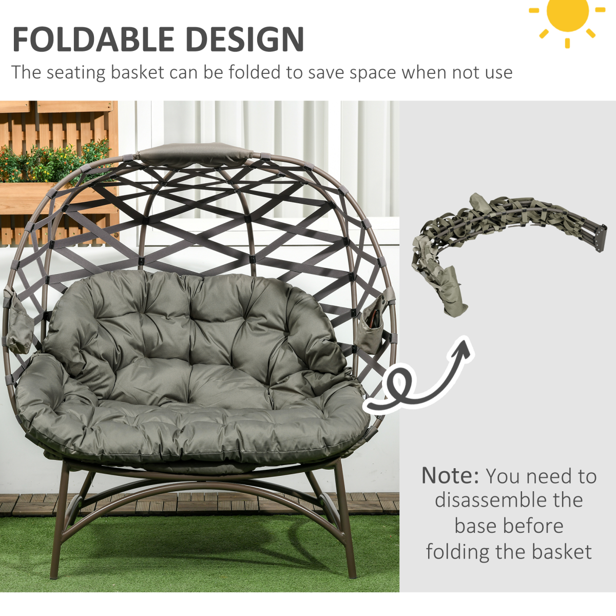 2-Seater Egg Chair with Cushion & Cup Pockets - Sand Brown