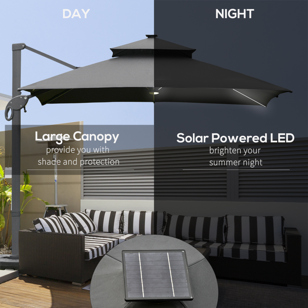 3x3m Cantilever Umbrella with Solar Power Bank & LEDs, Dark Grey