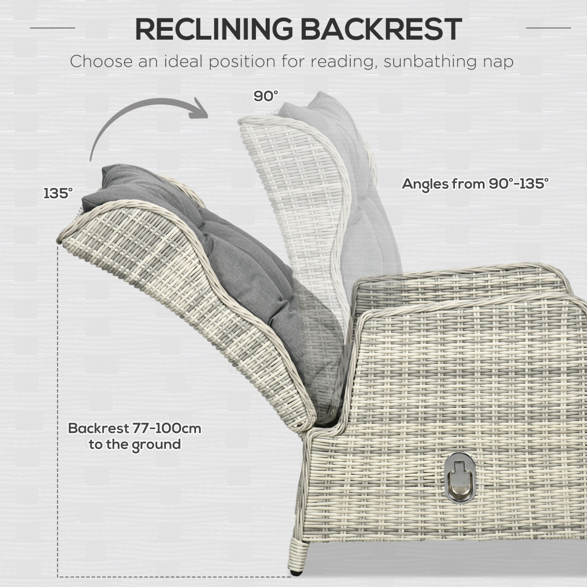 Recliner Rattan Sun Lounger Set with 2-Tier Table & Cushions, Grey