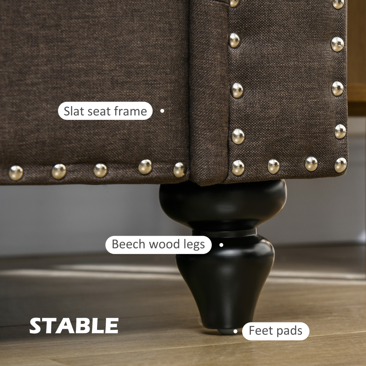 2-Seater Sofa with Nailhead Trim – Dark Brown, Mid-Century Style