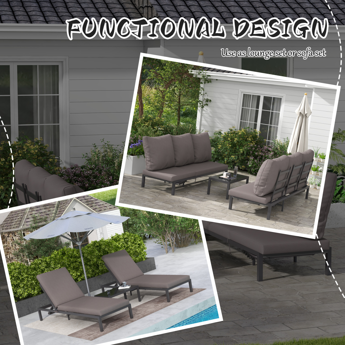 3-Piece PE Rattan Lounge Set - Aluminum Frame Grey Recliners