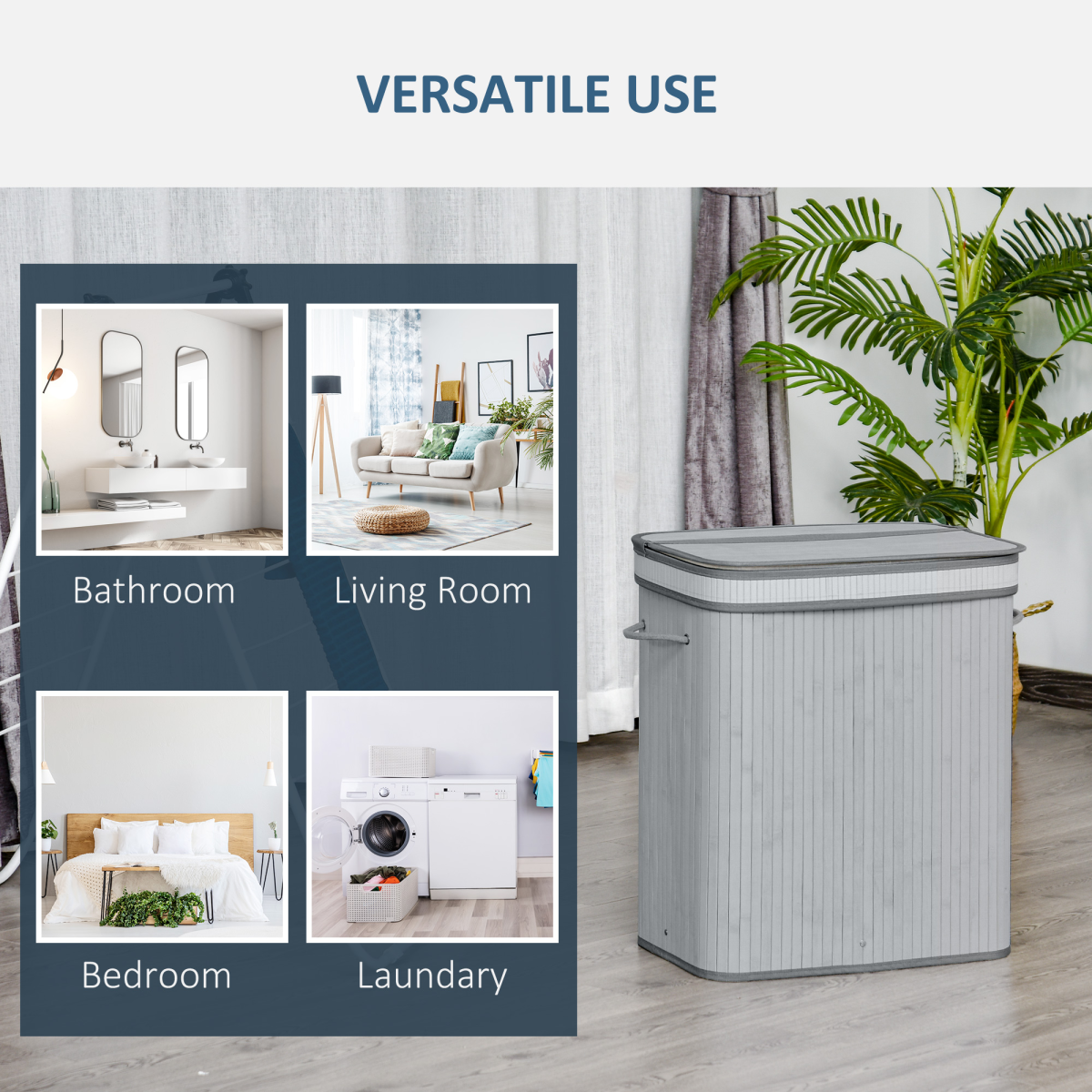 100L Flip-Lid Bamboo Laundry Basket - Grey, Durable & Space-Saving