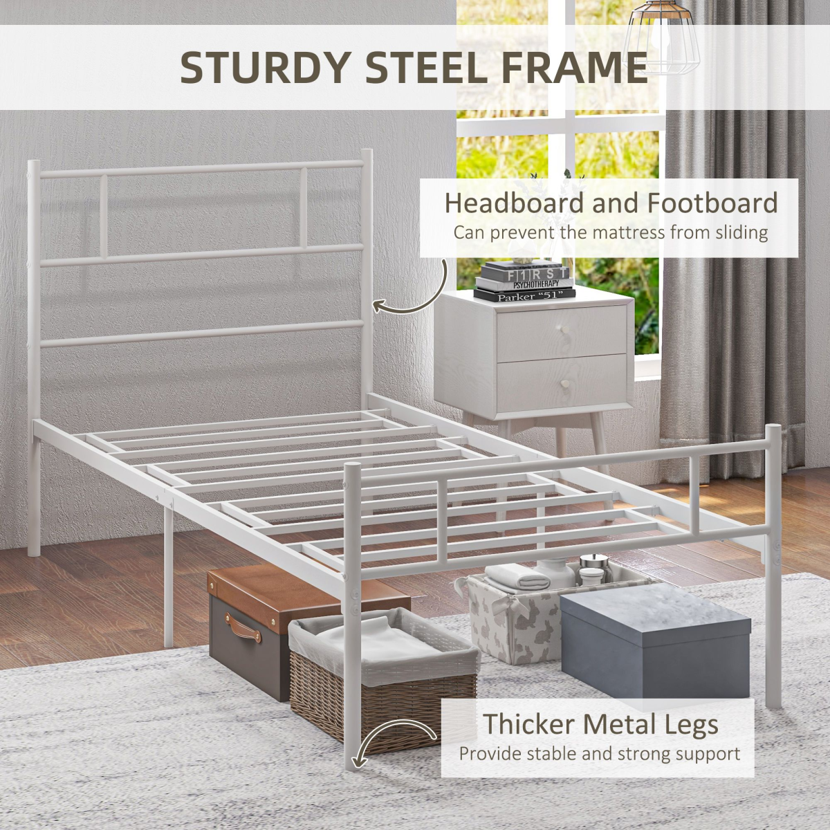 Metal Single Bed Frame with Headboard, Underbed Storage & Noise-Free Design
