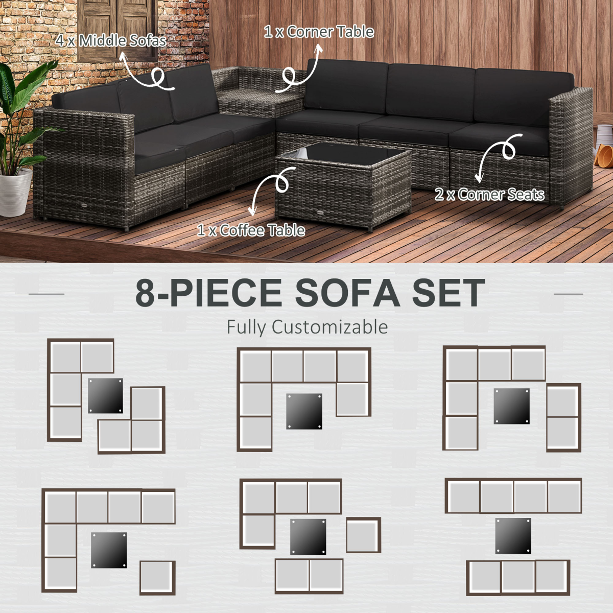 6-Seater Rattan Outdoor Sofa Set with Cushions – Grey