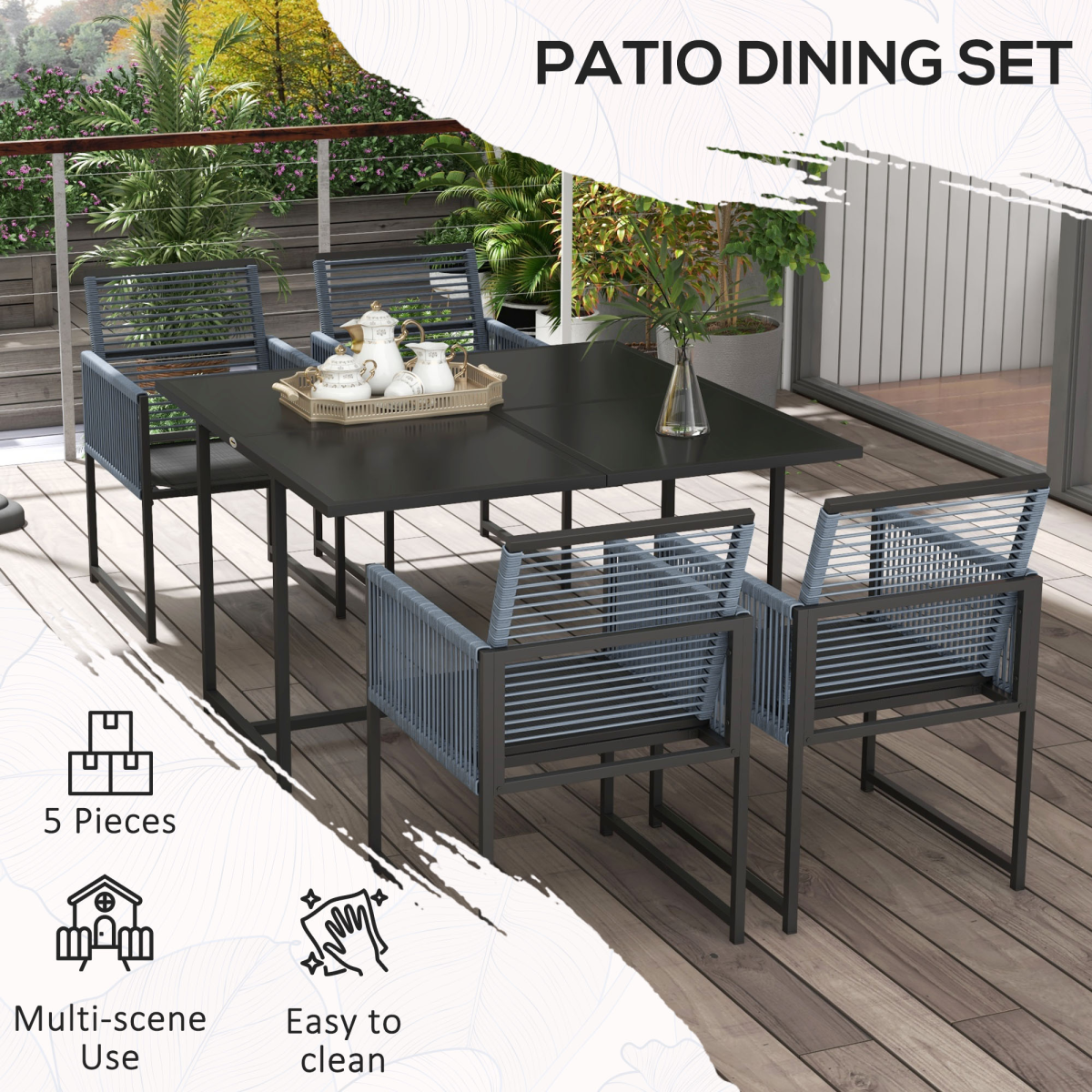 5-Piece Patio Dining Set with Foldable Back - Poolside, Dark Grey