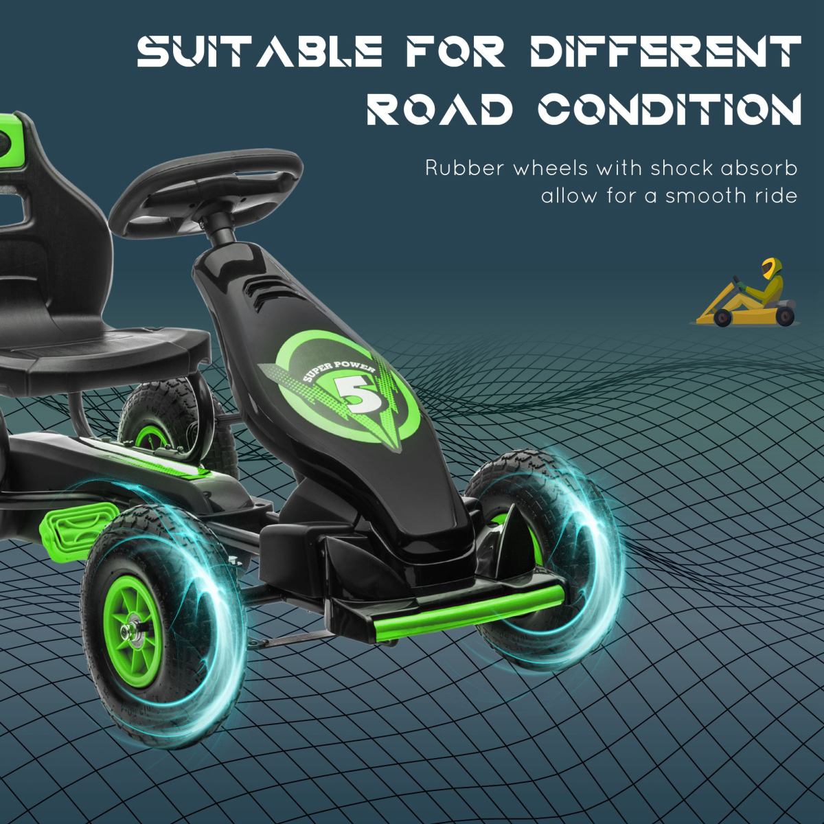 Kids Pedal Go Kart - Adjustable Seat, Rubber Wheels, Brake, Green