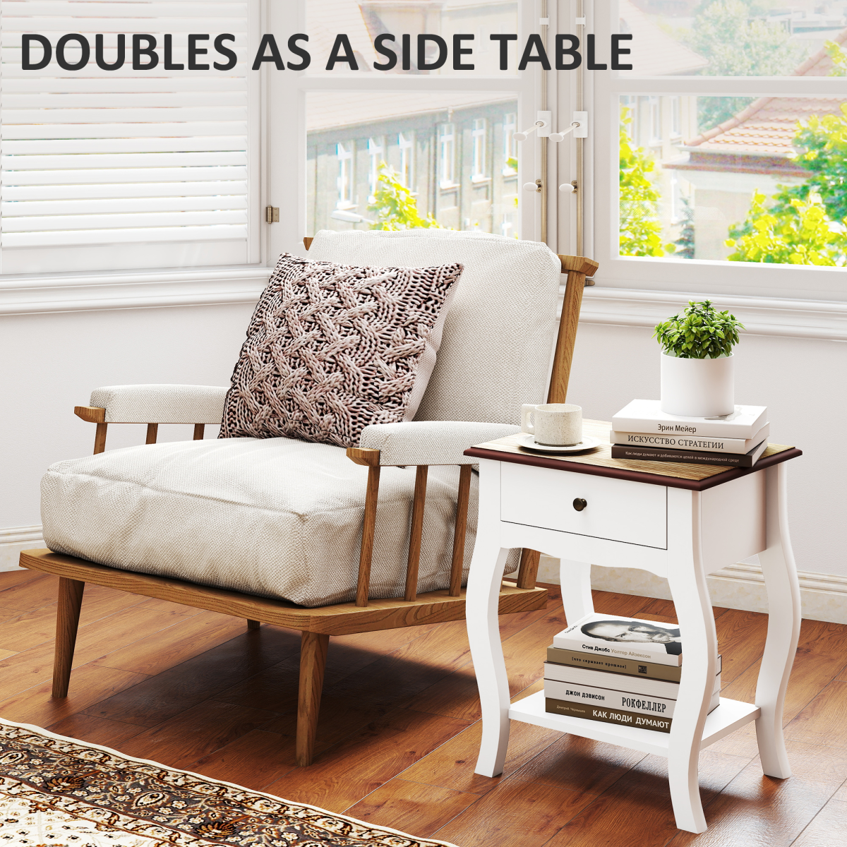 Elegant Bedside Tables Set of 2 - White with Drawer & Shelf