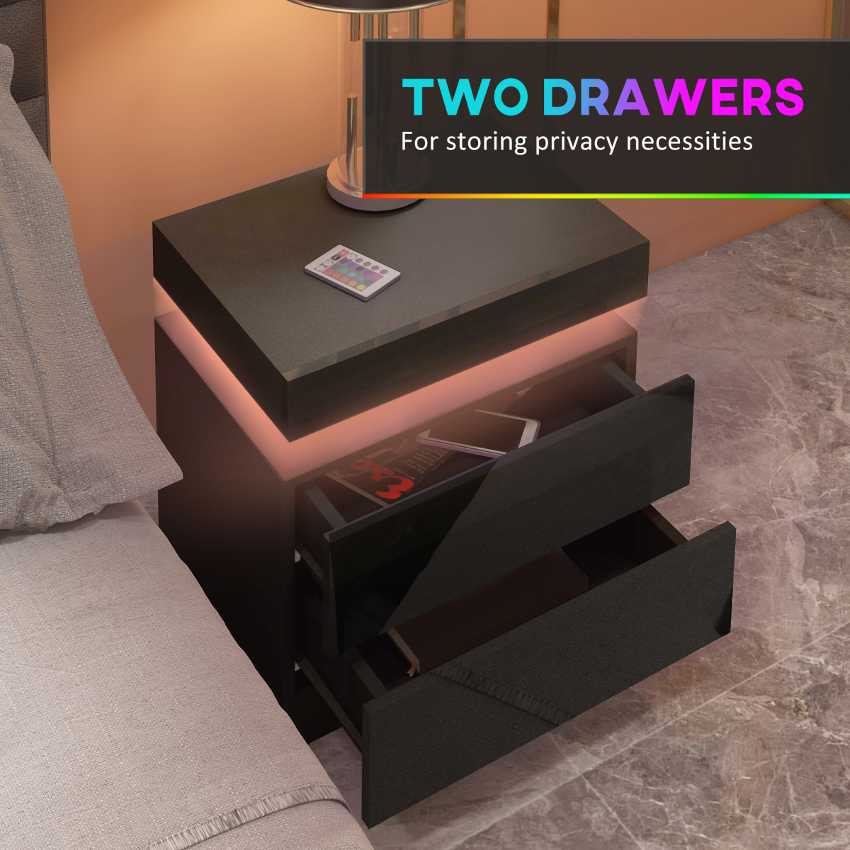Illuminate Your Space: LED Bedside Table with 2 Drawers in Black