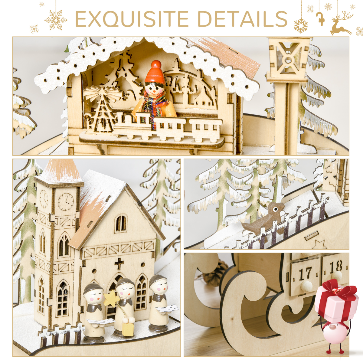 Light-Up Wooden Sleigh Advent Calendar - 24 Drawers, Natural Finish