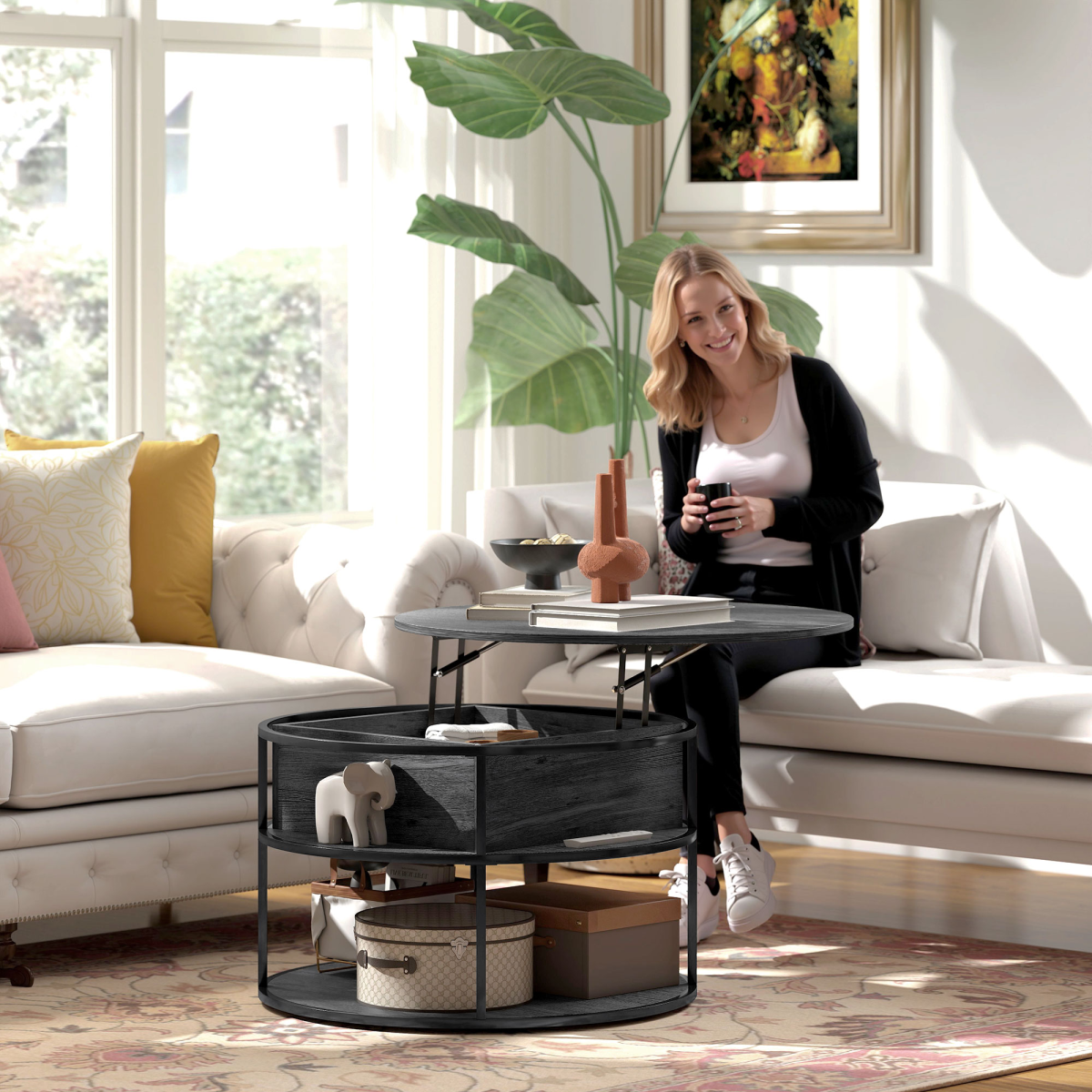 Versatile Lift-Top Rattan Coffee Table with Hidden Storage – Charcoal Grey