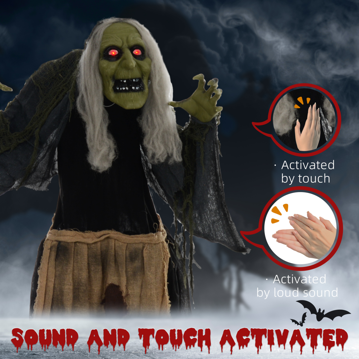 Sound-Activated Witch Animatronic Prop with Moving Head & Glowing Eyes