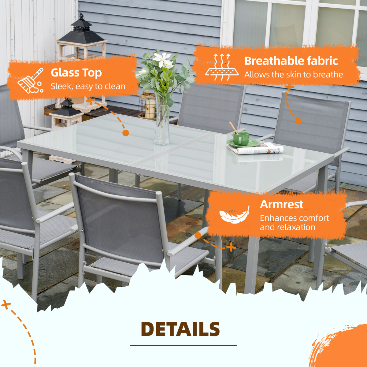 7-Piece Grey Steel Garden Patio Dining Set with Tempered Glass Table