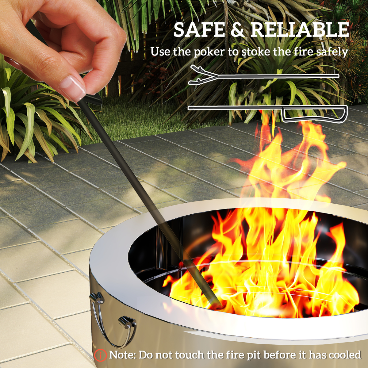 Portable Round Fire Pit & Grill - Stainless Steel with Poker Included