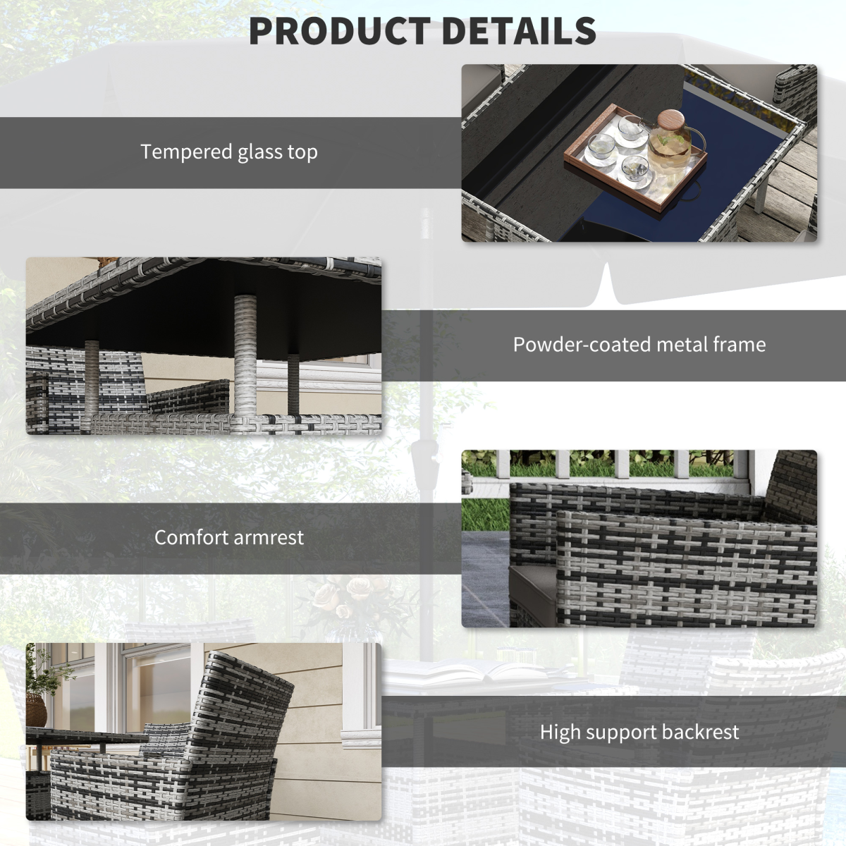 4-Piece Rattan Garden Set with Tempered Glass Table - Grey