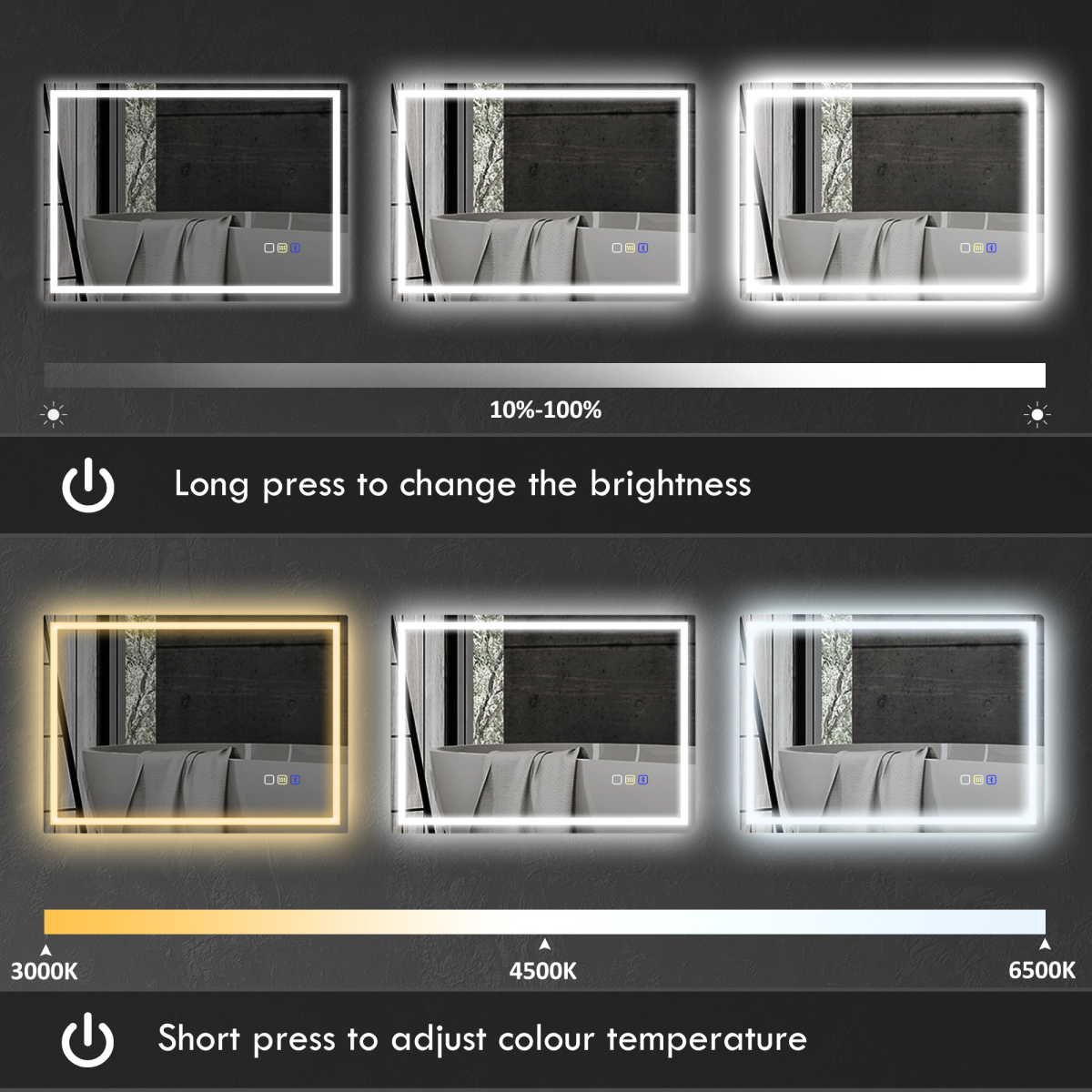 Control panel for adjusting brightness and color temperature on a mirror.