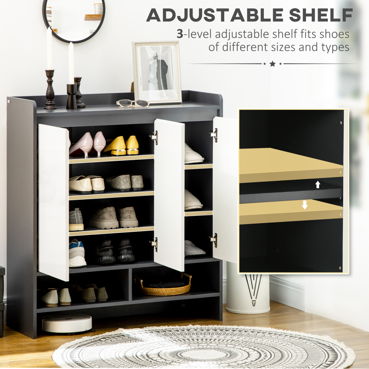 Hallway Shoe Cabinet with Open Compartment & Adjustable Shelves