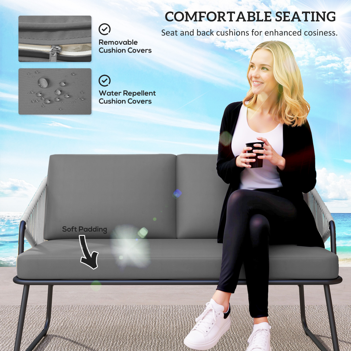 4-Piece Rattan Garden Set with Cushions in Grey