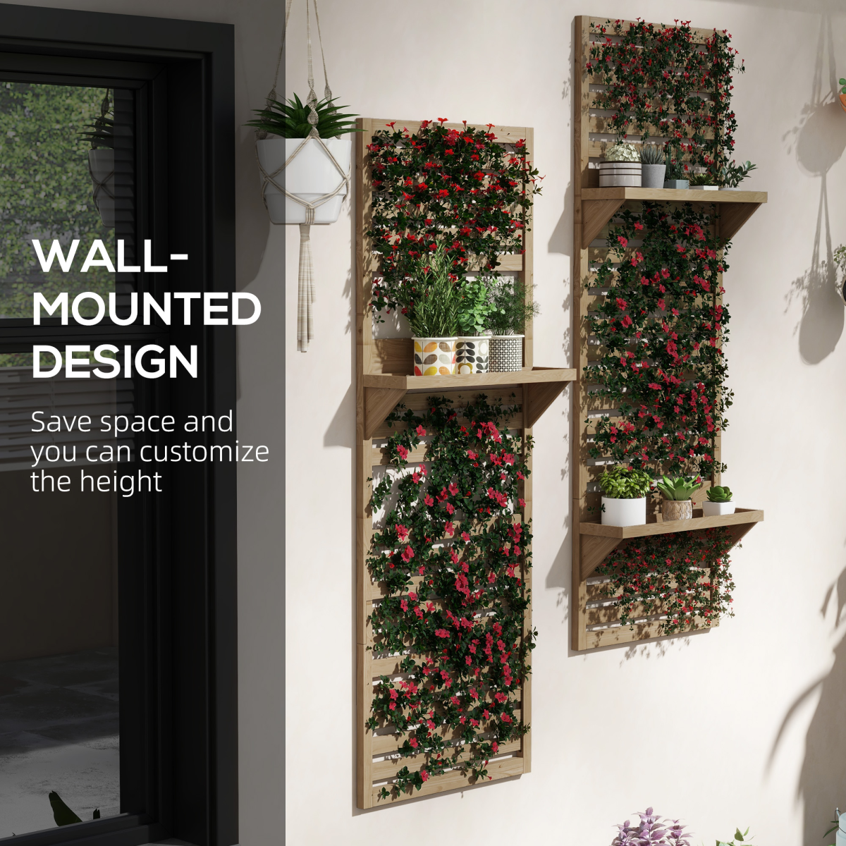 Wall-Mounted Plant Stand Set of 2 with Shelves & Slatted Trellis