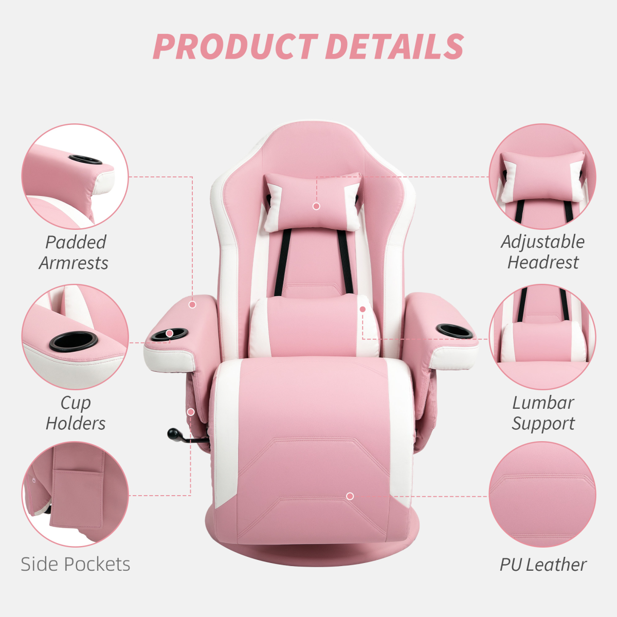 Pink PU Recliner Armchair with Footrest - 135° Recline, 360° Swivel