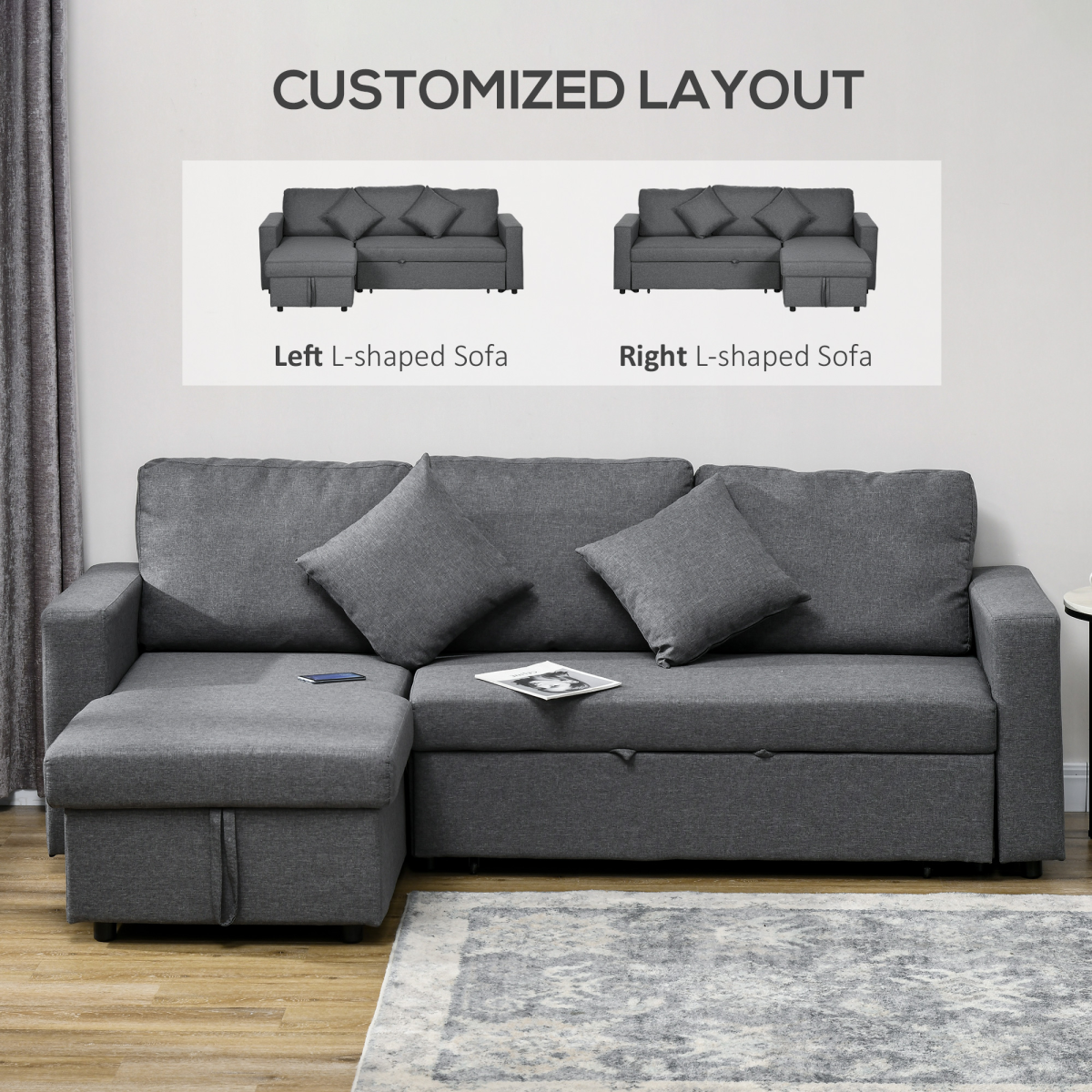 Corner Sofa Bed with Storage, 3-Seater Pull-Out, Dark Grey