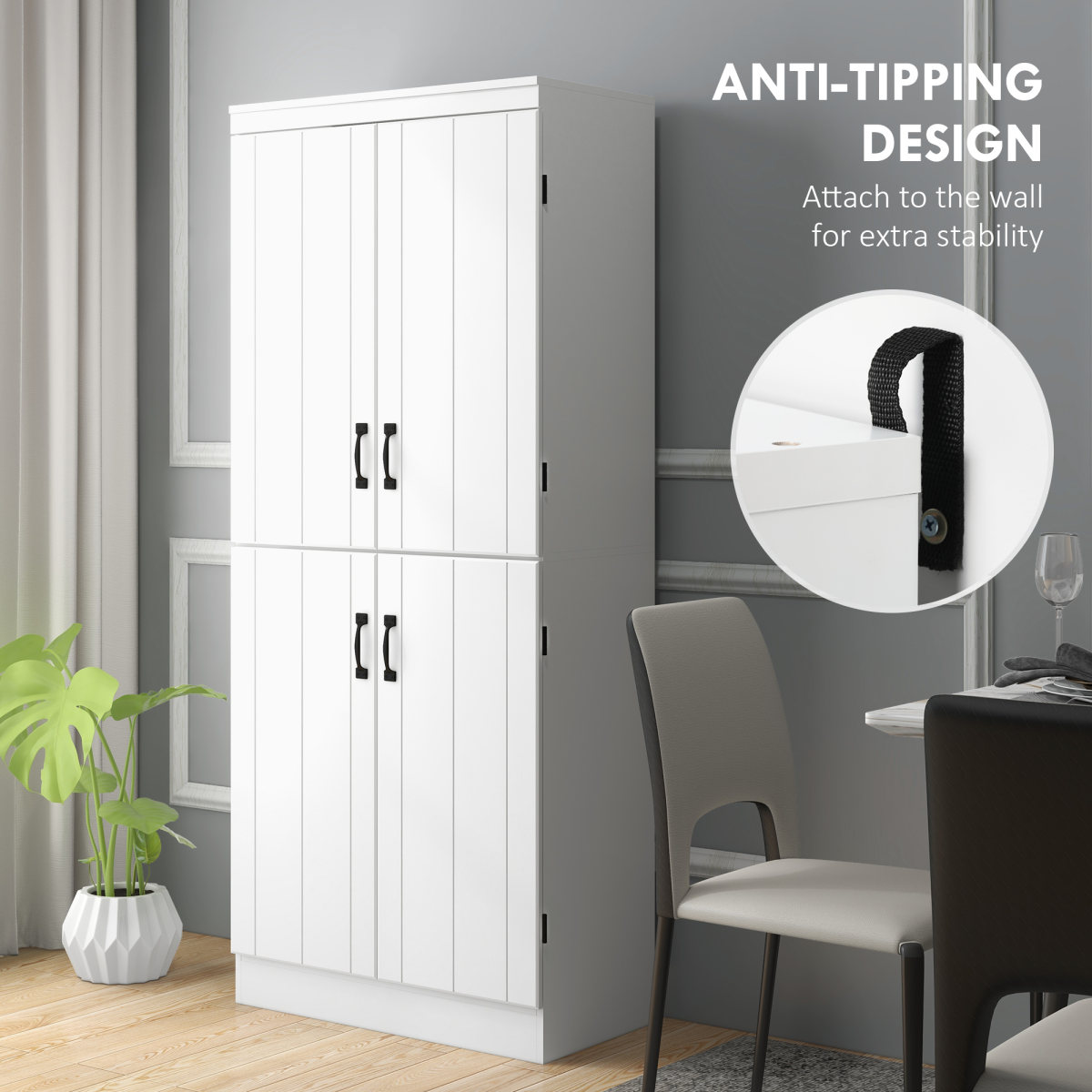 Elegant 4-Door White Kitchen Cabinet with Ample Storage & Modern Design