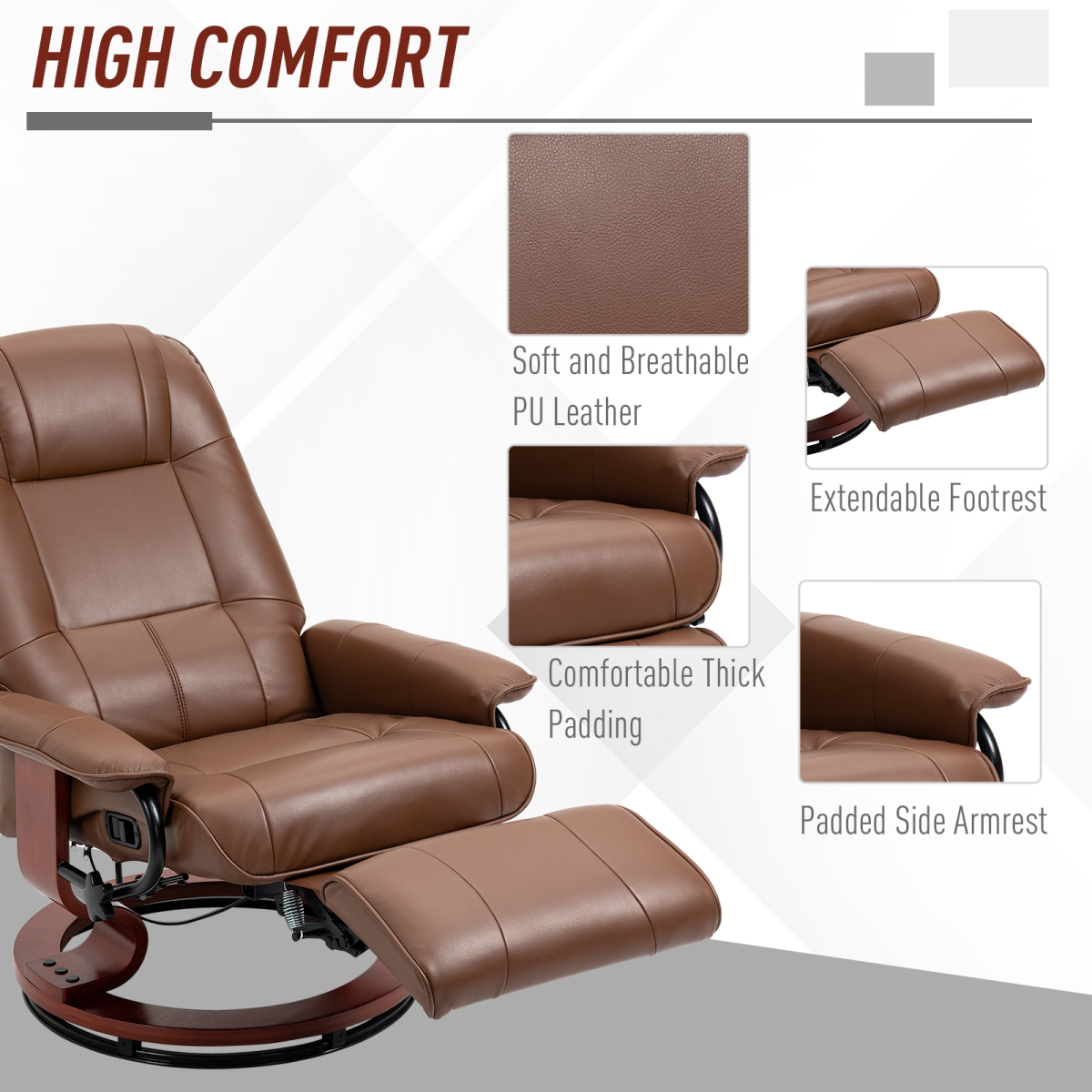 Ergonomic PU Leather Recliner Chair with 360° Swivel & Footrest, Brown
