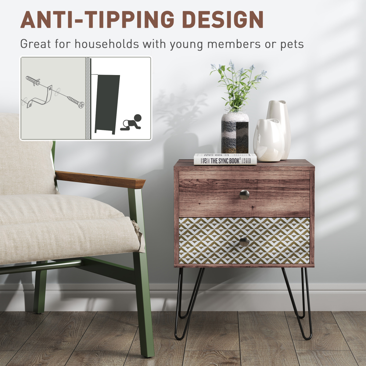 Elegant Boho Bedside Table with Storage - Stylish Wood Grain & Hairpin Legs