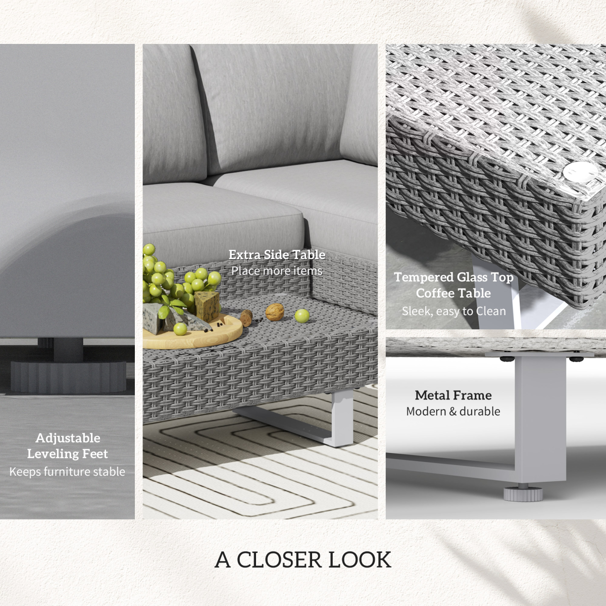3-Piece Rattan Sofa Set with Tea Table & Cushions, Light Grey