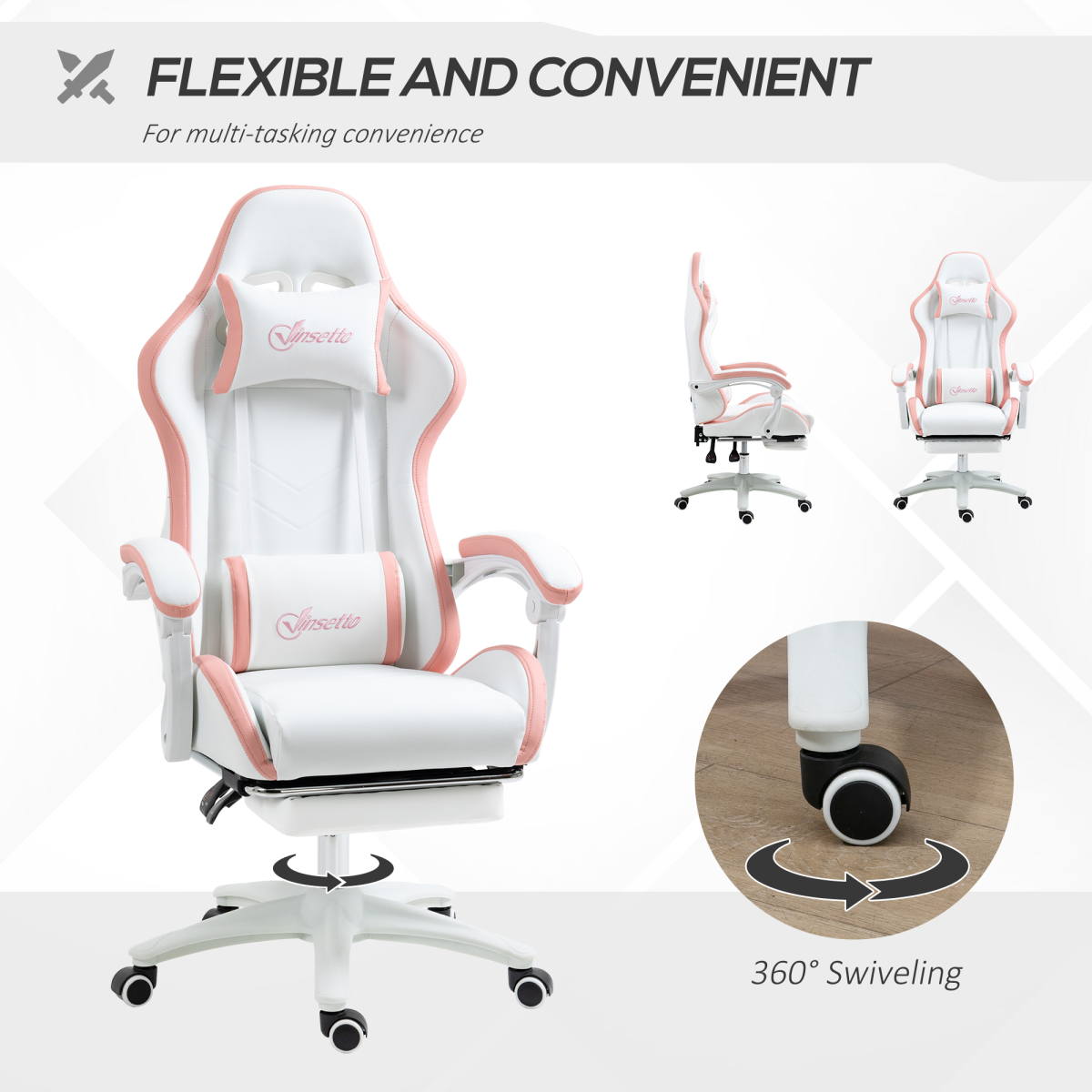 Vinsetto Pink Racing-Style Gaming Chair with Reclining Back and Footrest