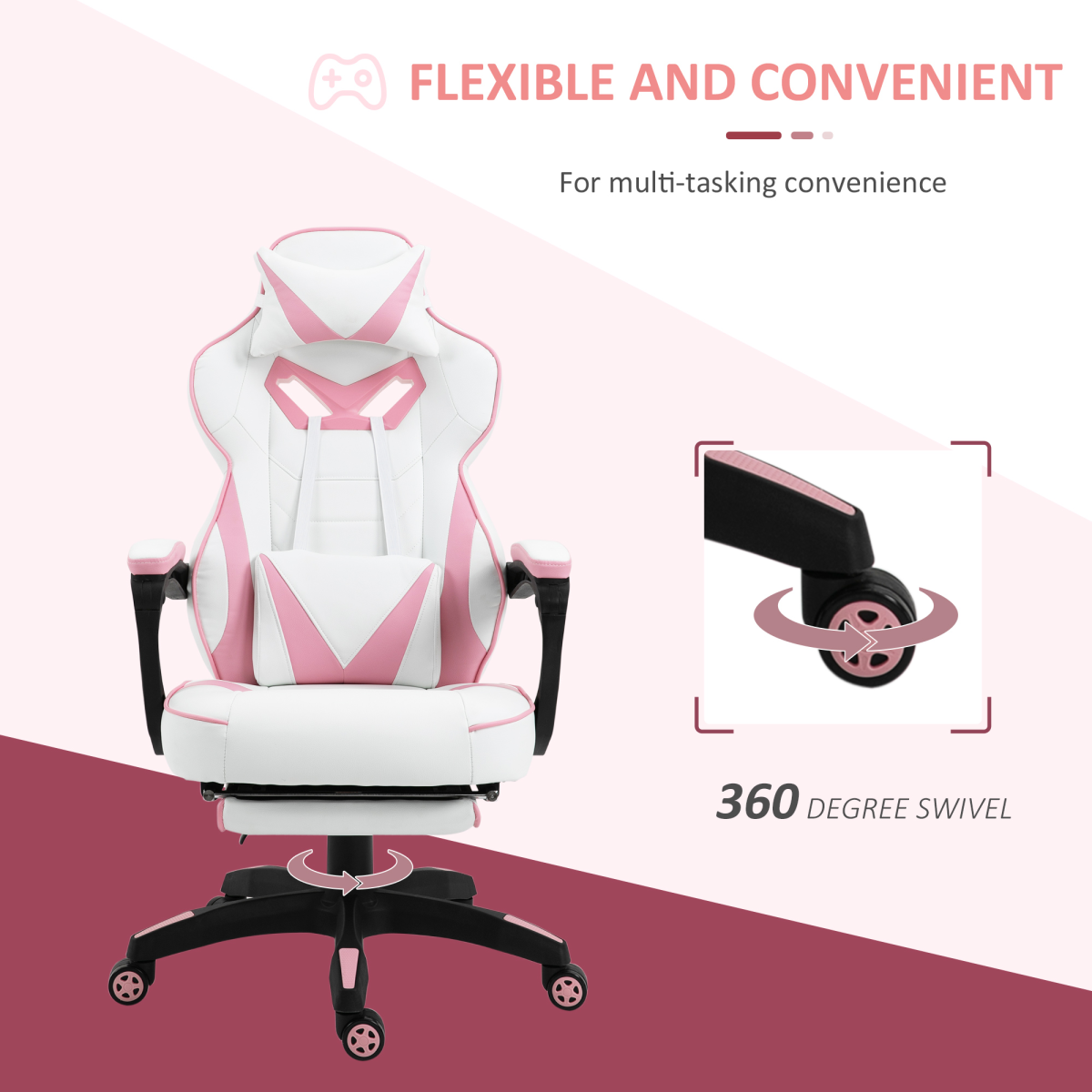 Ergonomic Gaming Chair with Wheels & Manual Footrest, Pink Faux Leather