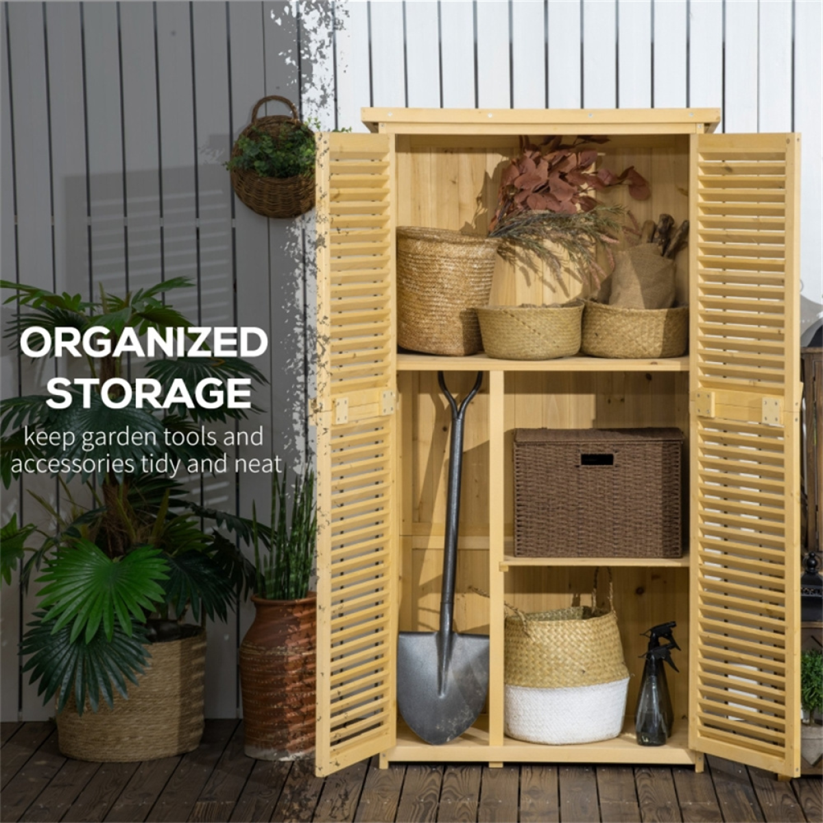 Sturdy Fir Wood Garden Storage Shed with Lockable Doors & Shelving - Natural Finish
