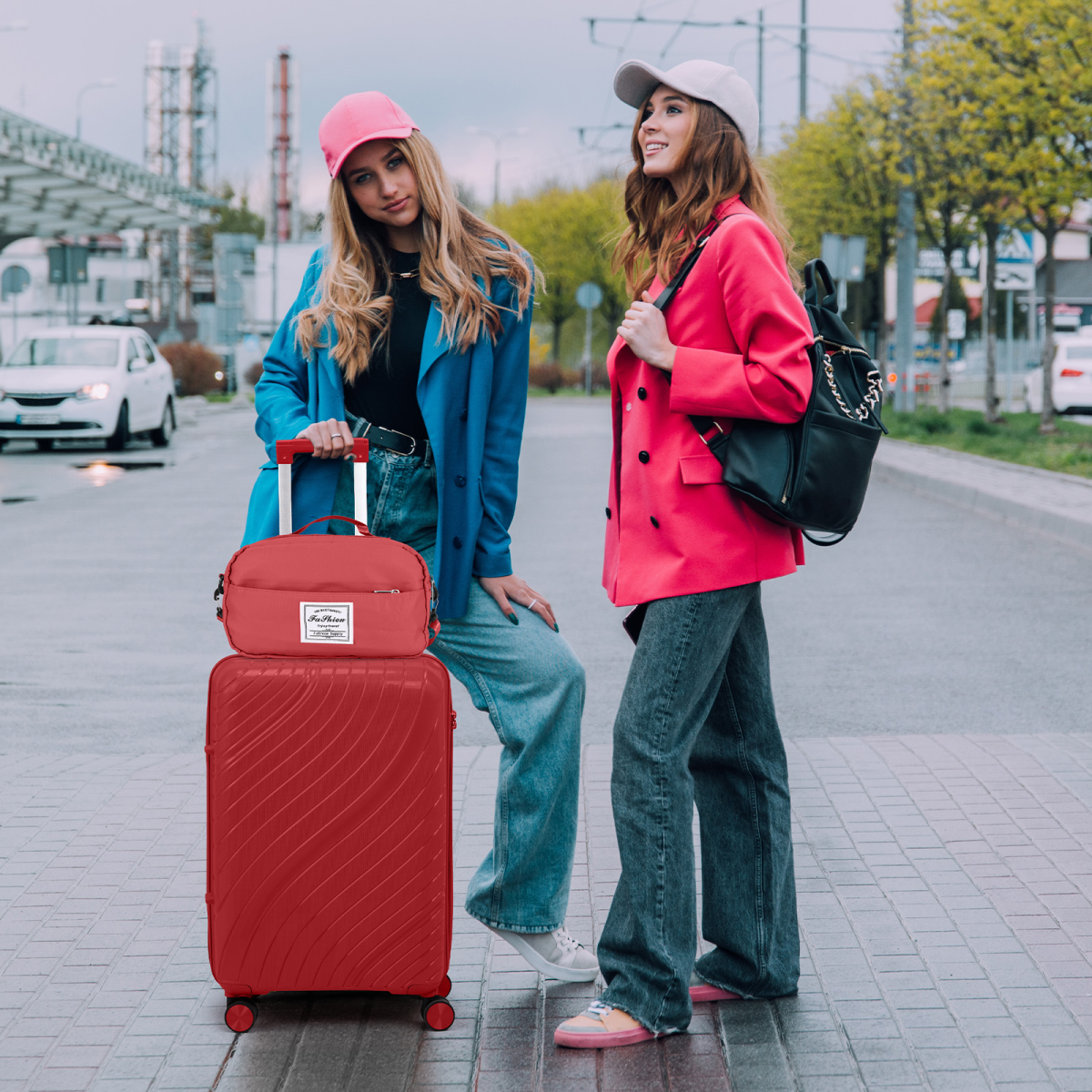 Versatile 4-Piece Red Luggage Set with Toiletry Kit & Stylish Handbags