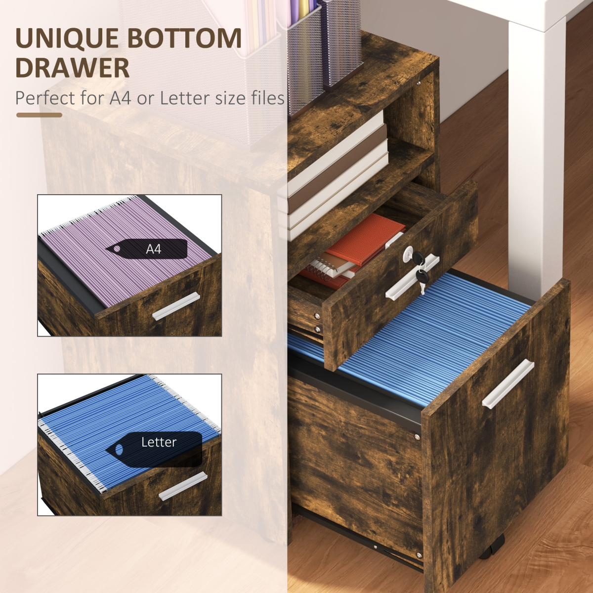Vinsetto Rustic Brown Mobile File Cabinet: Lockable, 5 Wheels & Stylish Storage