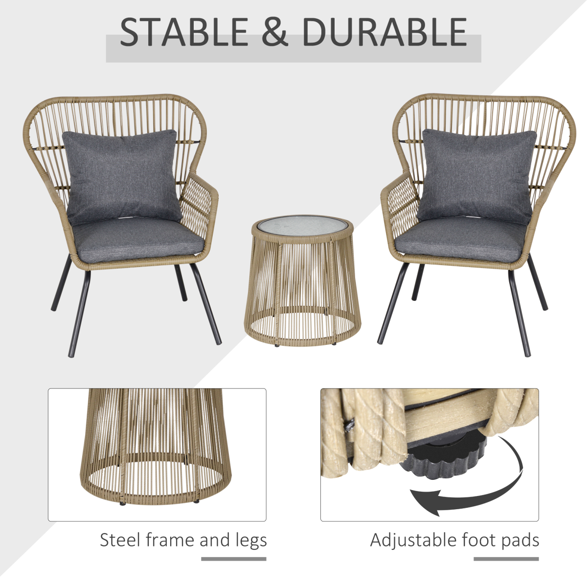 3-Piece Webbed PE Rattan Outdoor Patio Set with Cushions - Brown