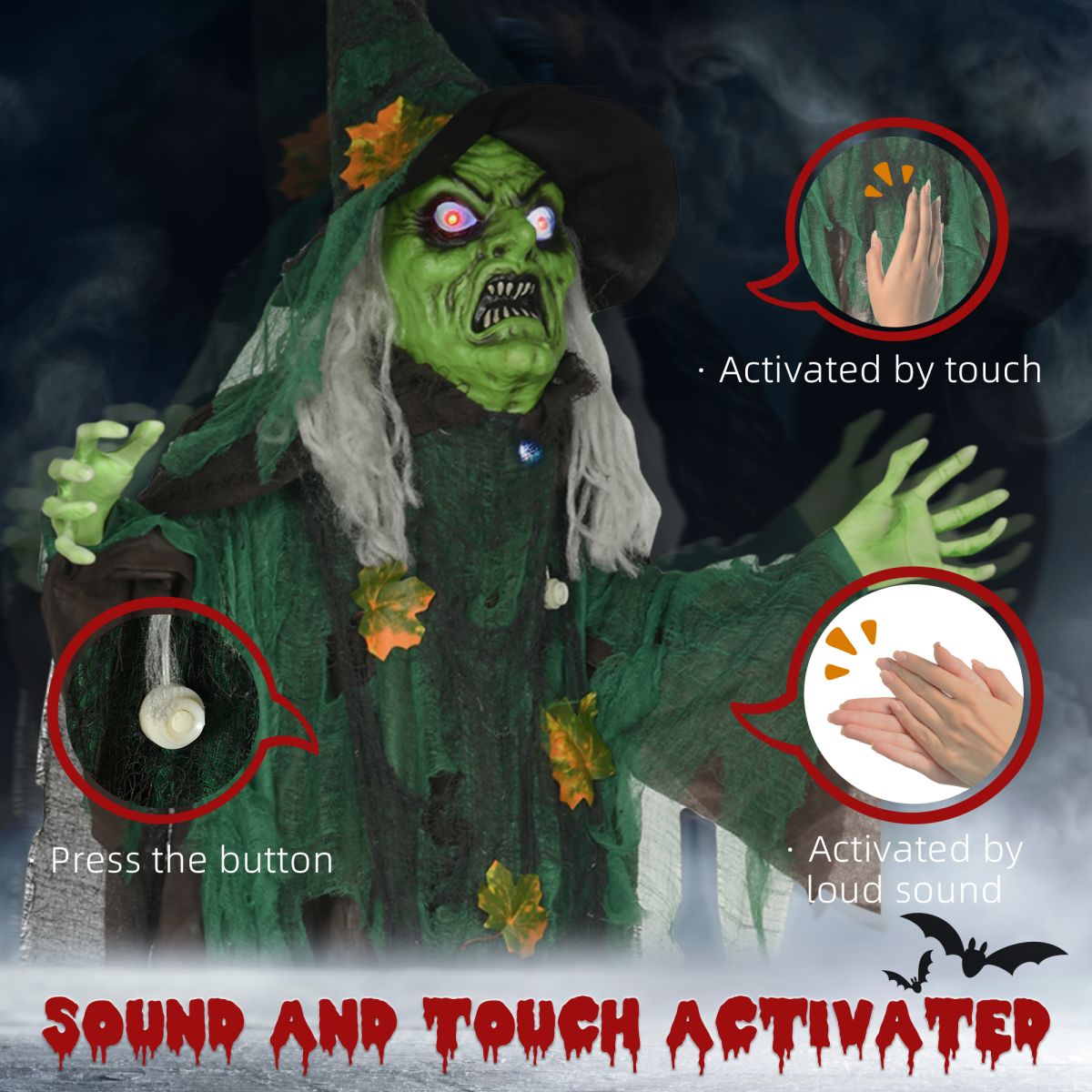 6ft Outdoor Witch Prop with Light-Up Eyes, Waving Arm & Sounds