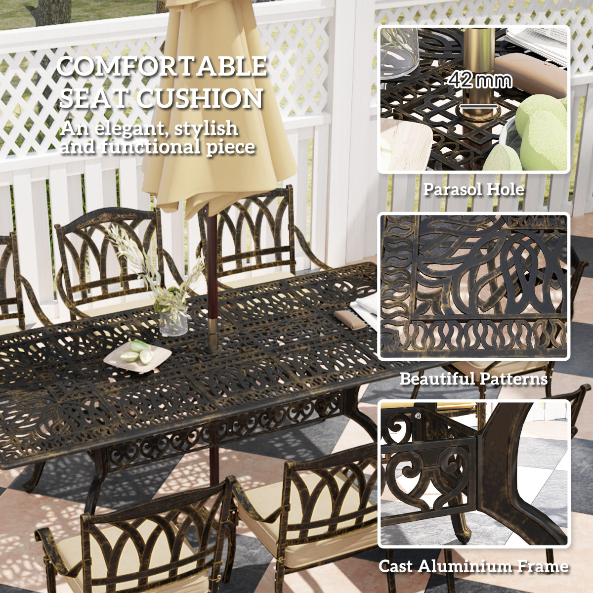 Elegant Nine-Piece Outdoor Dining Set with Cushions & Parasol Hole